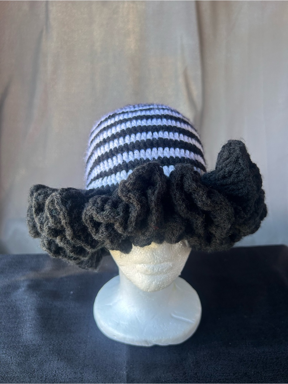 Handmade Black & White Striped Crochet Hat with Ruffled Brim